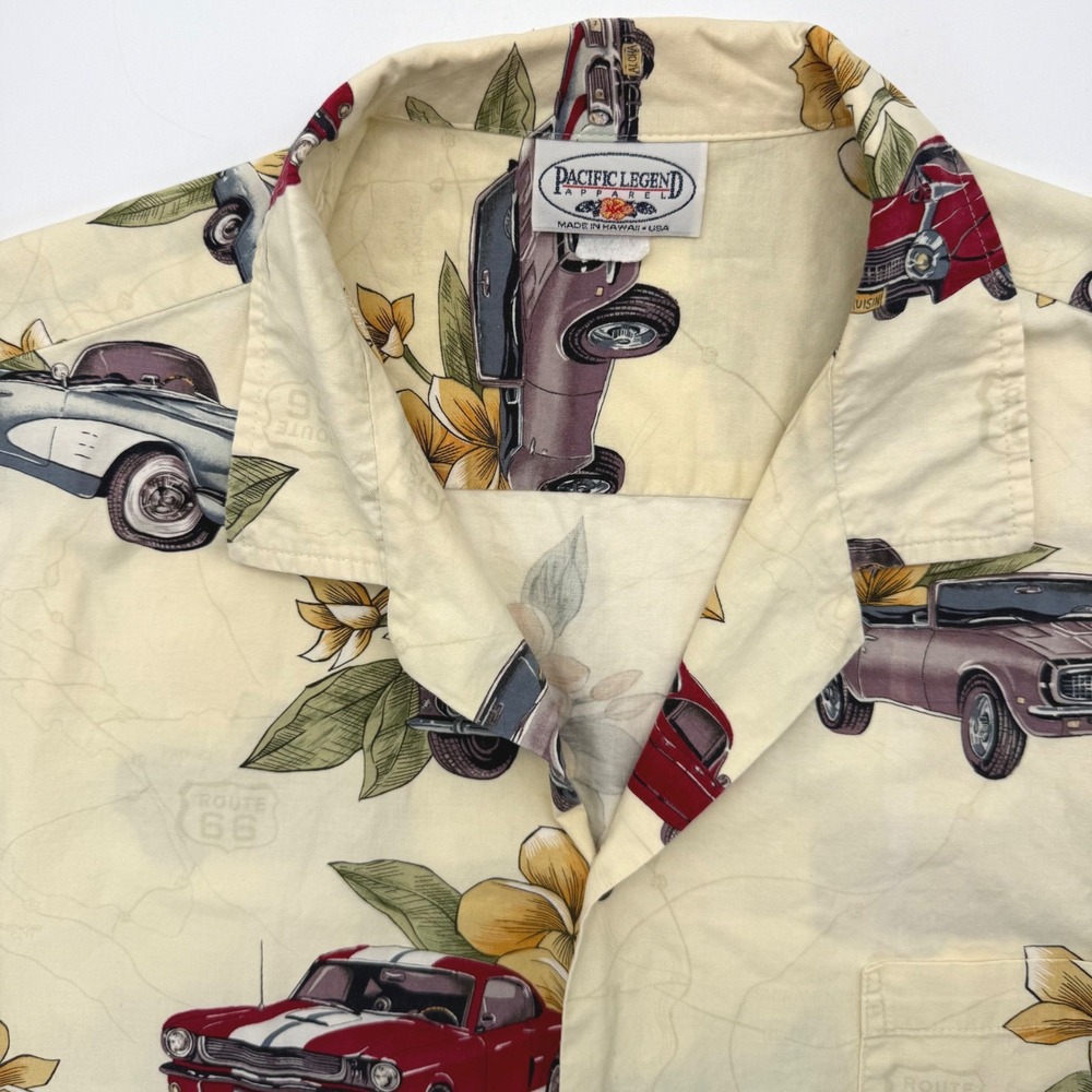 Pacific Legend Button Up Mens XL Cream Classicβ Cars Route 66 Aloha Hawaii Shirt